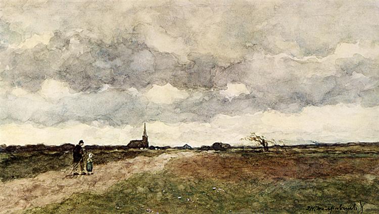 Figures On A Country Road, A Church In The Distance - Johan Hendrik Weissenbruch