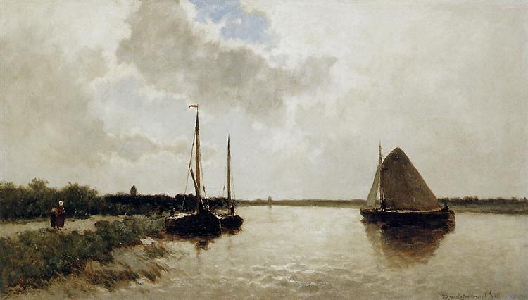 Ships on canal - Johan Hendrik Weissenbruch