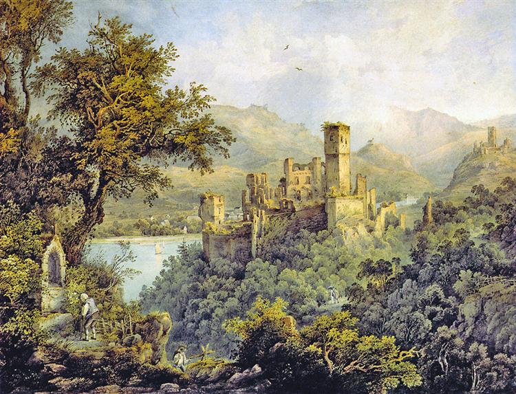 Stolzenfels Castle, in the background Lahneck Castle, 1836 - Karl Bodmer