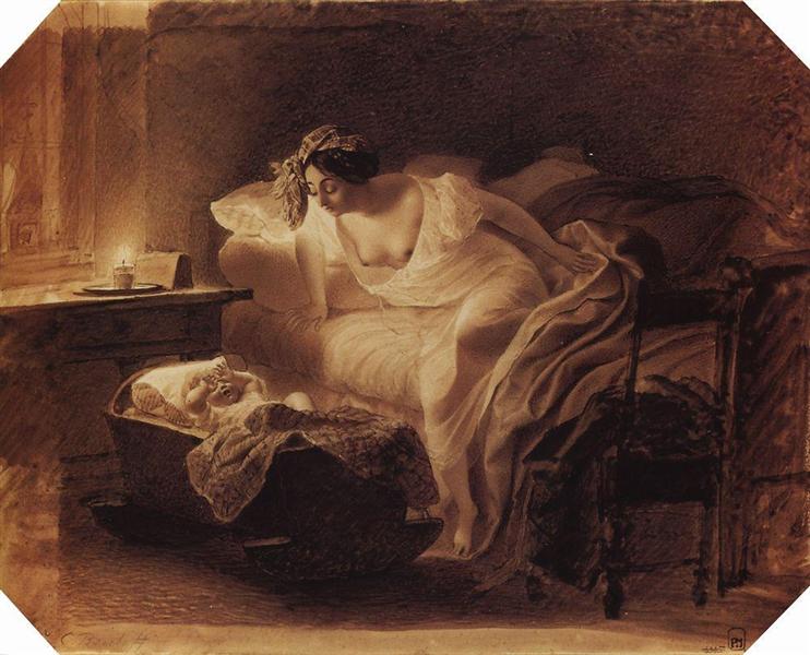 Мать, просыпающаяся от плача ребенка, 1831 - Карл Брюллов