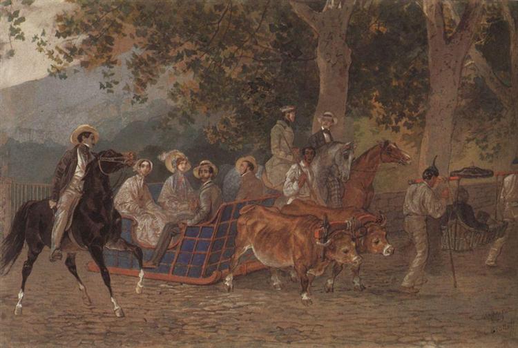 Promenade. Portrait of the Duke of Leuchtenberg, E. Mussart, Ye. I. Mussart, Prince P. R. Bagration, Princess A. A. Bagration, M. I. Zheleznov, N. A. Lukashevich, and K. Bruloff, 1849 - Карл Брюллов