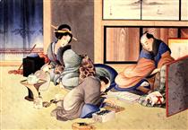 A merchant making up the account - Hokusai