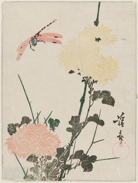 Chrysanthemums and Dragonfly - 溪齋英泉