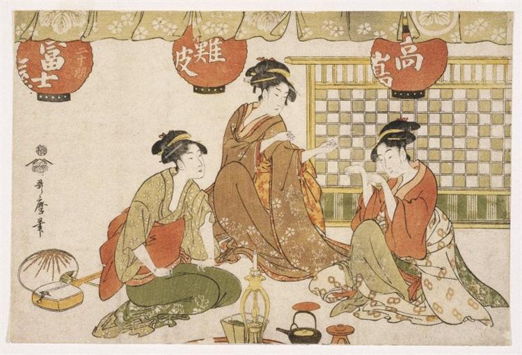 Three Seated Ladies with Lanterns - Utamaro