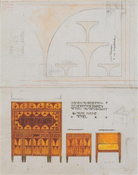 Draft drawings for the breakfast room of the apartment Eisler Terramare, ladies desk chair with retractable, 1903 - Koloman Moser