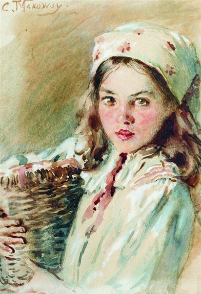 Head of the Girl in a Kerchief - Konstantin Makovsky