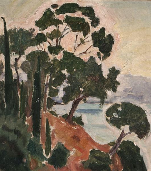 Landscape with Cypresses and Pines on a Rocky Coast - Константінос Партеніс