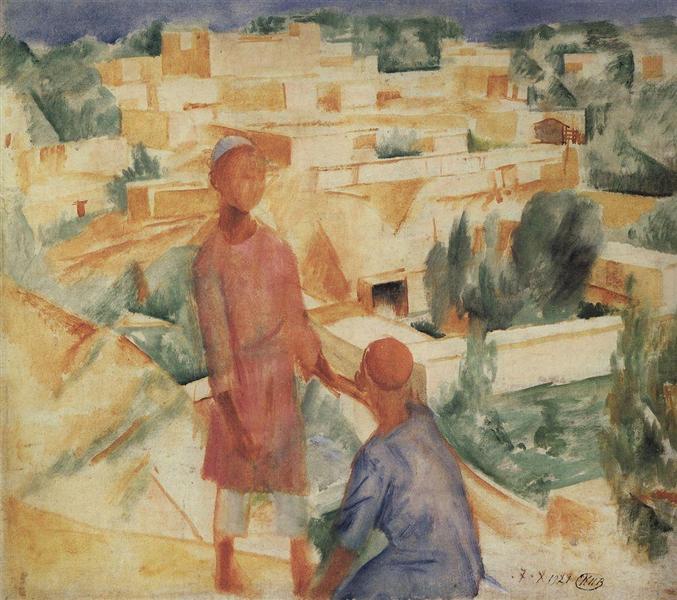 Boys on the background of the city, 1921 - Кузьма Петров-Водкін