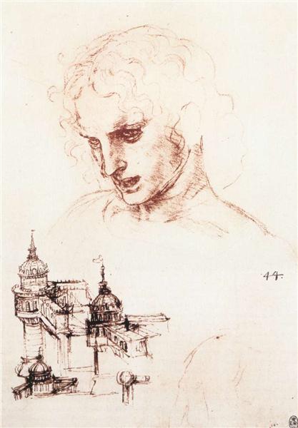 Study of an apostle's head and architectural study, c.1496 - 達文西