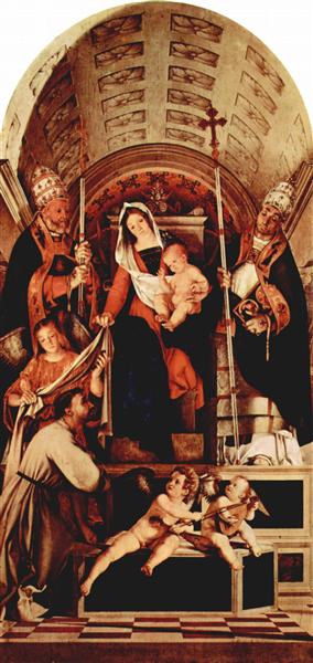 Altar of Recanati polyptych, main board: Madonna Enthroned with the Christ child, three angels, St. Dominic, St. Gregory and St. Urban, 1508 - Лоренцо Лотто