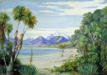 View of Mount Earnshaw from the Island in Lake Wakatipe, New Zealand - Marianne North