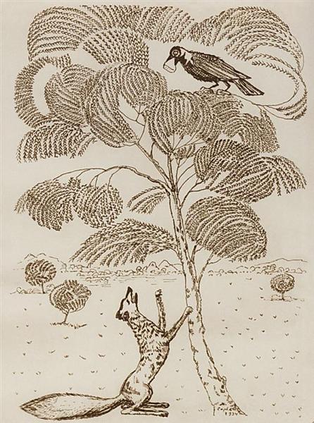 Illustration for the fable 'The Crow and the Fox', 1934 - 马尔季罗斯·萨良