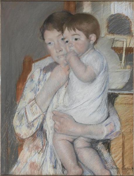 Woman and child in front of a shelf which are placed a jug and basin, 1889 - Mary Cassatt