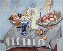 Still life with thistle in blue vase, salt pot, basket of apples and mask - Max Gubler
