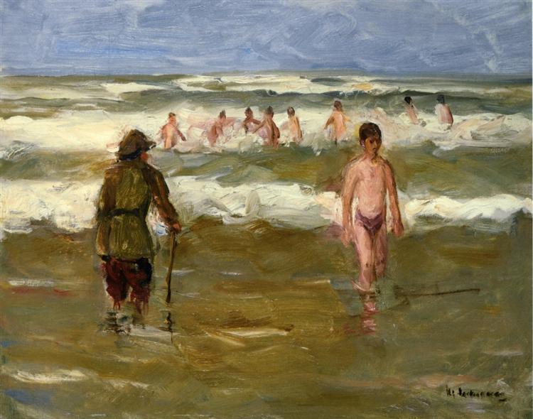Boys Bathing with Beach Warden, 1907 - Макс Ліберман