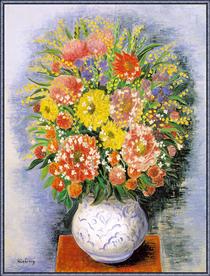 Bouquet of various flowers and mimosa - Moise Kisling