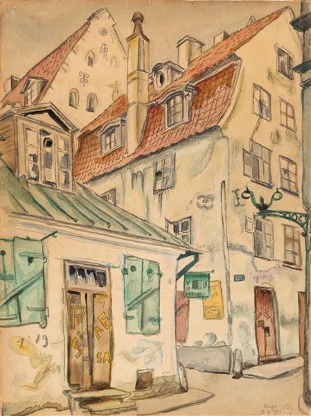 A Street Scene from Riga, 1925 - Mstislaw Walerianowitsch Dobuschinski