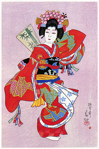 Nakamura Tomijuro as Kamuro in the Dance of Hane no Kamuro, 1952 - Natori Shunsen