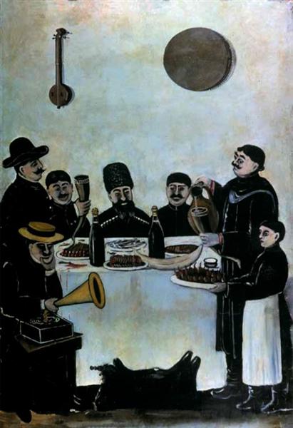 The feast of Tbilisian merchants accompanied by the gramophone - Niko Pirosmani