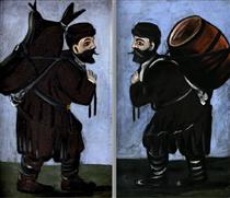 Workers with a barrel (diptych) - Niko Pirosmani