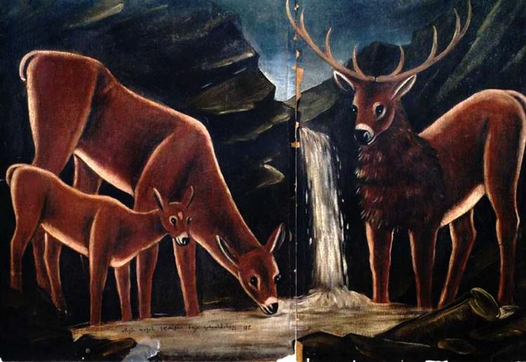 Deer with their fawns, 1917 - Niko Pirosmani