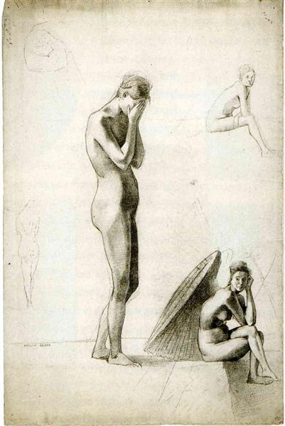 Five studies of female nudes - 奥迪隆·雷东