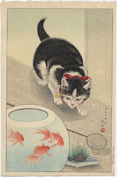 Cat and Bowl of Goldfish, 1931 - 小原古邨