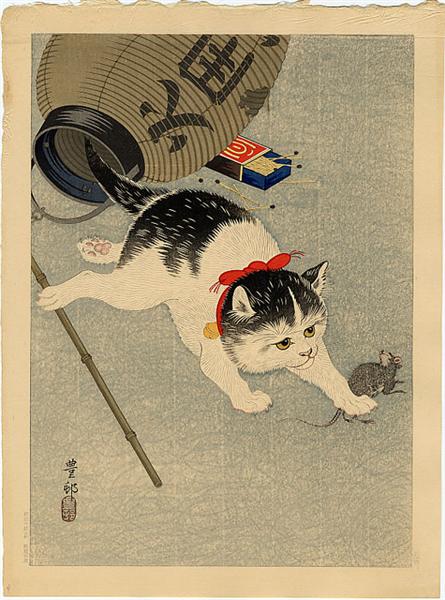 Cat Catching a Mouse, c.1930 - 小原古邨