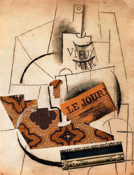 Bottle of Vieux Marc, Glass and Newspaper, 1913 - 畢卡索