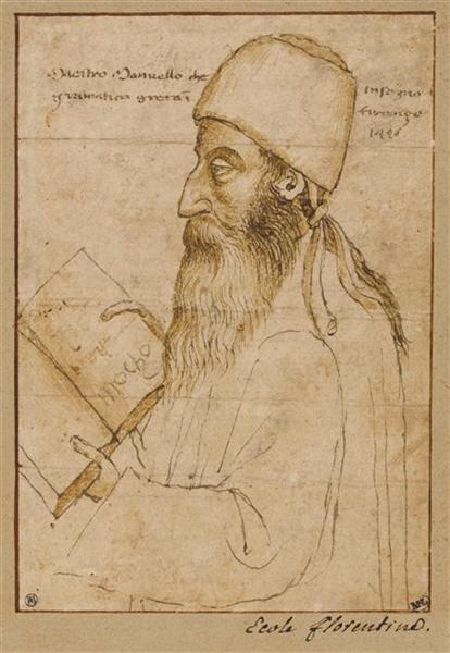 Portrait of Manuel Chrysoloras wearing a hat and holding a book - Paolo Uccello
