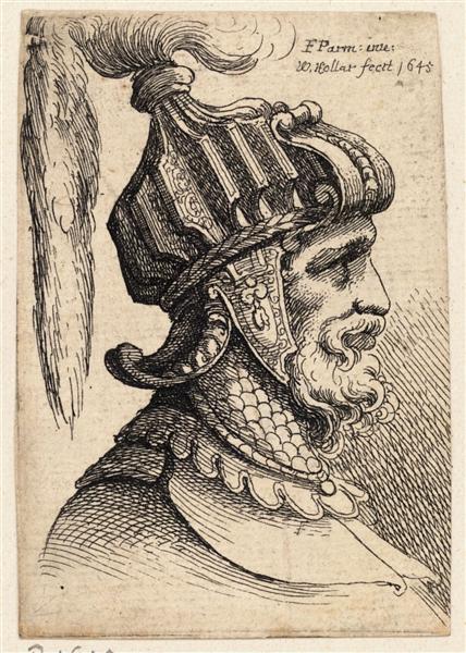 Helmet with long plume and chin strap - Parmigianino