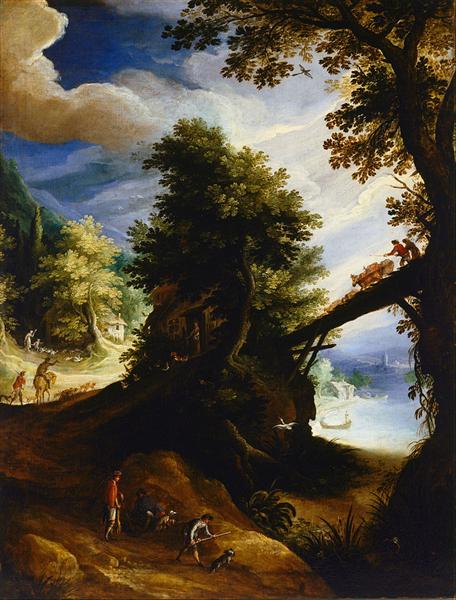 A wooded landscape with a bridge and sportsmen at the edge of the river, 1590 - Paul Brill