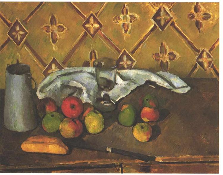 Still life with apples, servettes and a milkcan, 1880 - Paul Cezanne