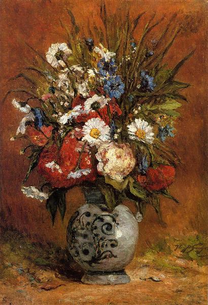 Daisies and peonies in blue vase, 1876 - Paul Gauguin