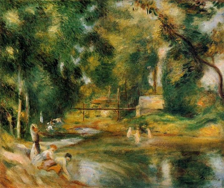 Essoyes Landscape Washerwoman and Bathers, 1900 - Auguste Renoir