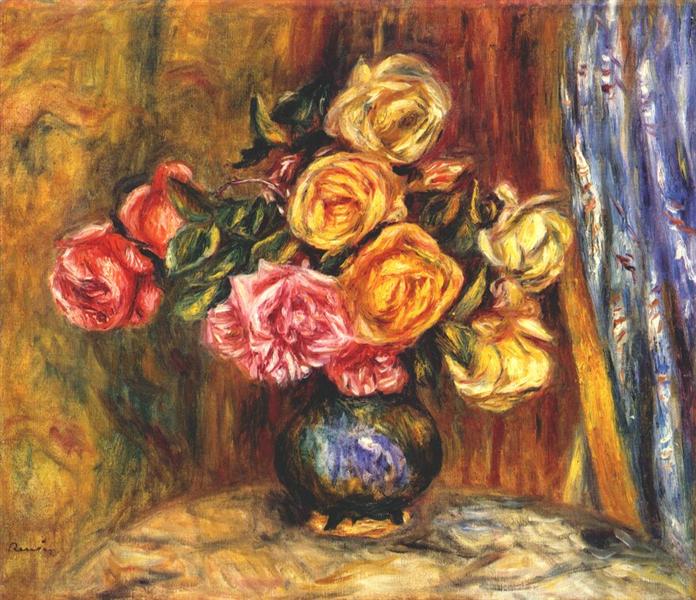 Roses in front of a blue curtain, 1908 - Pierre-Auguste Renoir