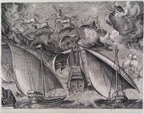 Две галеры следующие за вооруженным трехмачтовым судном с Фаэтоном и Юпитером в небе - Питер Брейгель Старший