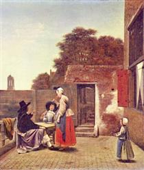 Deux hommes, femme et enfant dans une cour - Pieter de Hooch