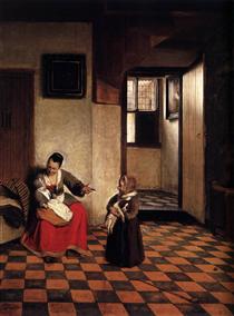 A Woman with a Baby in Her Lap, and a Small Child - Pieter de Hooch