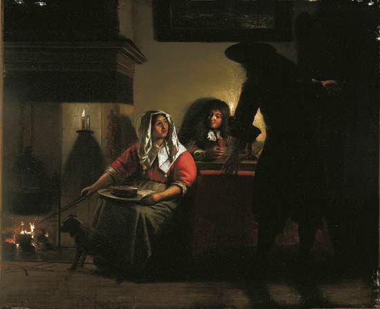 Interior with Two Gentleman and a Woman Beside a Fire - 彼得·德·霍赫