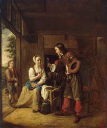 Intérieur avec un homme offrant une femme un verre de vin - Pieter de Hooch