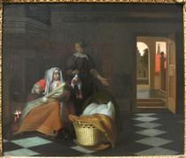 Deux femmes et un enfant avec une poule dans un intérieur - Pieter de Hooch