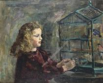 A girl with a bird - Pjotr Petrowitsch Kontschalowski