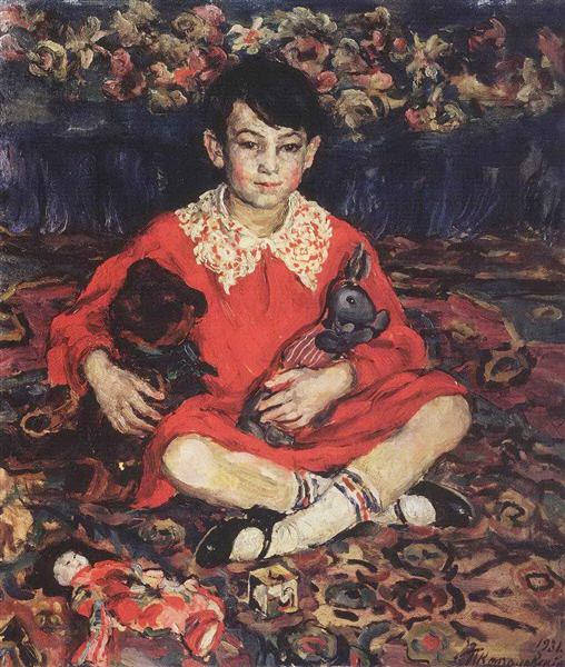 Portrait of girl sitting on a colorful carpet with the toys. (Kamushka Benediktova)., 1931 - Pjotr Petrowitsch Kontschalowski