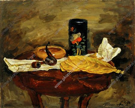 Still Life. Tobacco leaves and black tea caddy., 1929 - Петро Кончаловський