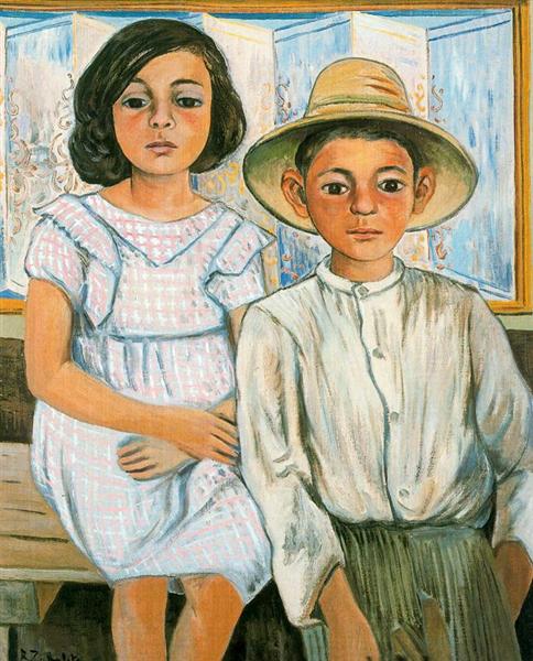 Girl sitting and boy with hat standing, 1943 - Рафаэль Забалета