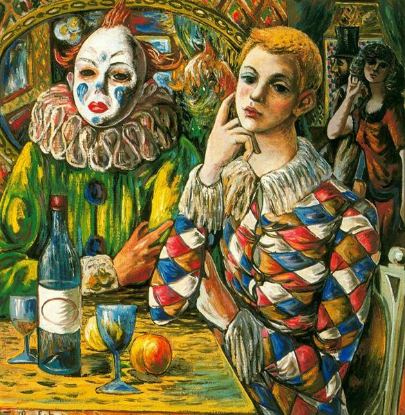 Harlequin and clown with mask, 1942 - Рафаель Забалета