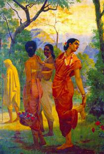 Shakuntala looking back to glimpse Dushyanta - Raja Ravi Varma