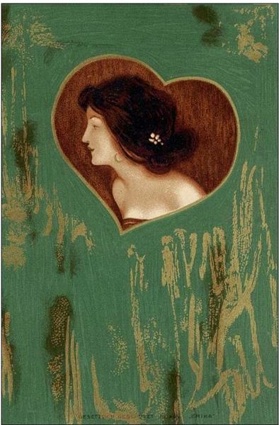 Girls' heads and shoulders on a green panel - Raphael Kirchner