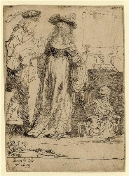 Death appearing to a wedded couple from an open grave, 1639 - Rembrandt